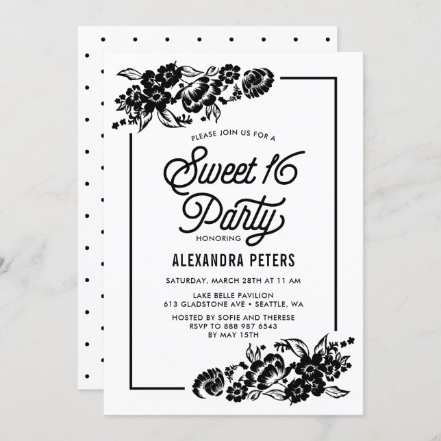Black & White Modern Floral Accents Sweet Sixteen Invitation (Front/Back)