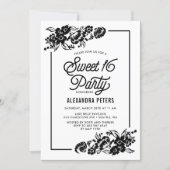 Black & White Modern Floral Accents Sweet Sixteen Invitation (Front)