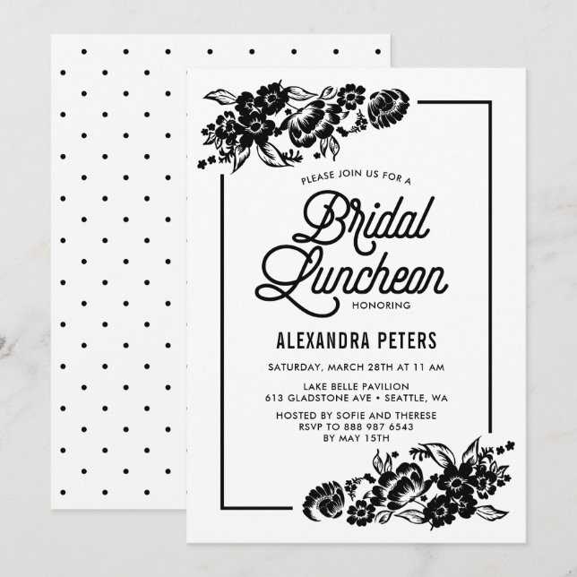 Black & White Modern Floral Bridal Luncheon Invitation (Front/Back)
