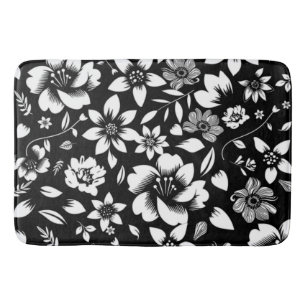 Black White Modern Floral Leaves Blowing Bath Mat