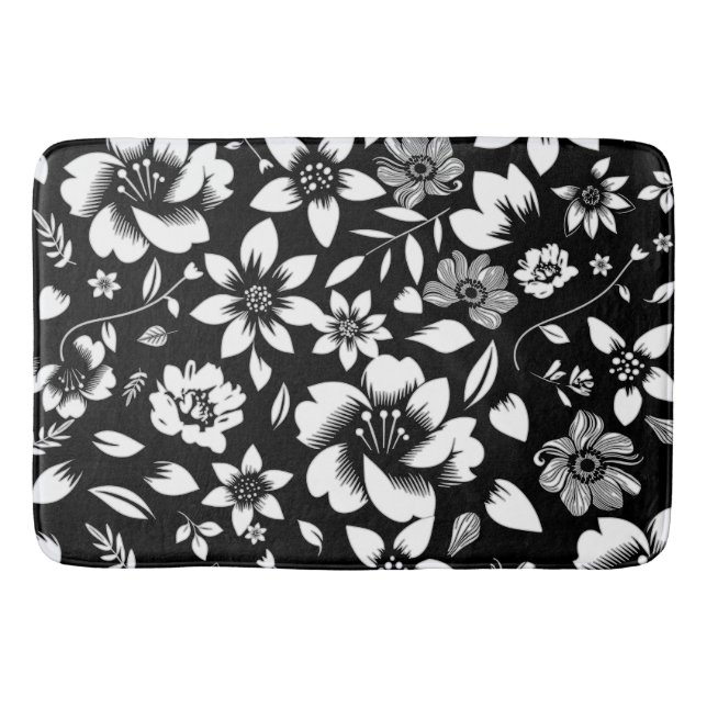 Black White Modern Floral Leaves Blowing Bath Mat (Front)