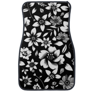Black White Modern Floral Leaves Blowing Car Floor Mat