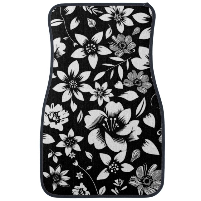 Black White Modern Floral Leaves Blowing Car Floor Mat (Front)