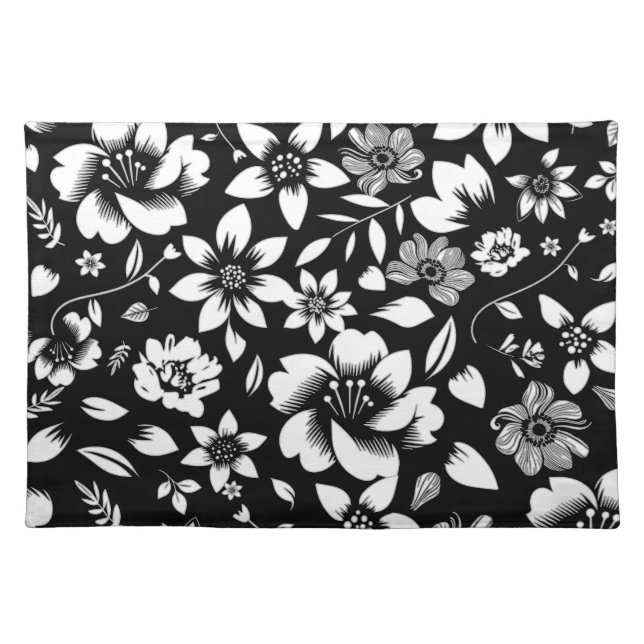 Black White Modern Floral Leaves Blowing Cloth Placemat (Front)