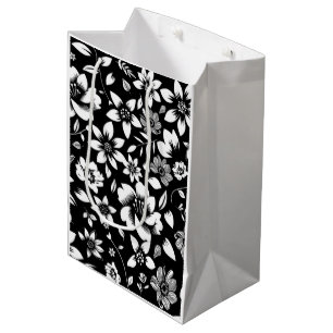 Black White Modern Floral Leaves Blowing Medium Gift Bag
