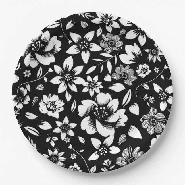Black White Modern Floral Leaves Blowing Paper Plates (Front)