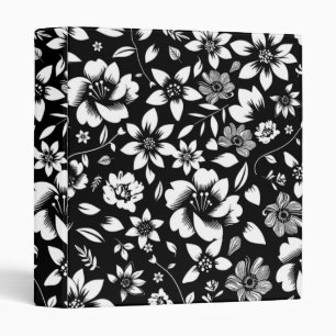 Black White Modern Floral Leaves Blowing Print 3 Ring Binder