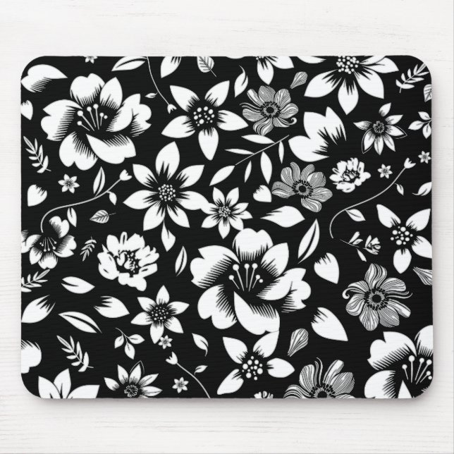 Black White Modern Floral Leaves Blowing Print Mouse Pad (Front)