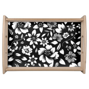 Black White Modern Floral Leaves Blowing Print Serving Tray
