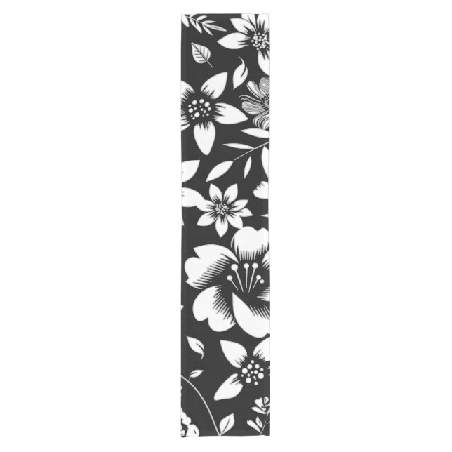Black White Modern Floral Leaves Blowing Short Table Runner (Front)