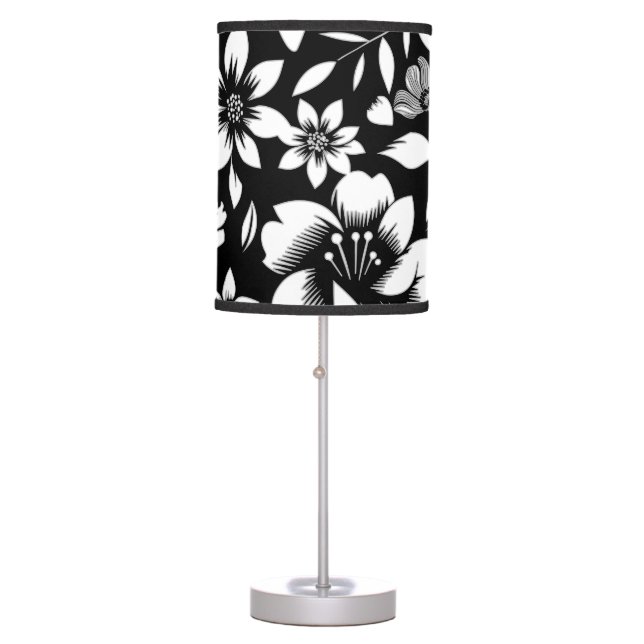 Black White Modern Floral Leaves Blowing Table Lamp (Front)