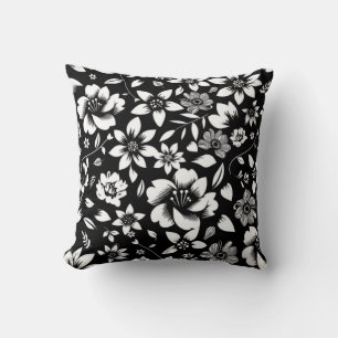 Black White Modern Floral Leaves Blowing Throw Pillow