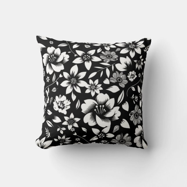 Black White Modern Floral Leaves Blowing Throw Pillow (Front)