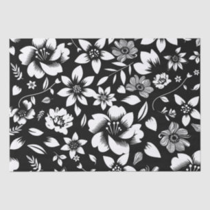 Black White Modern Floral Leaves Blowing Tissue Paper