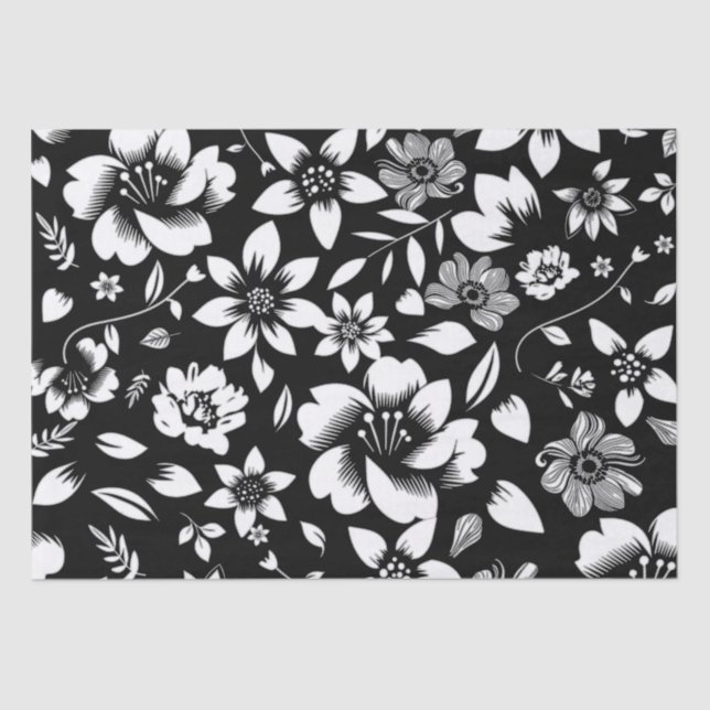 Black White Modern Floral Leaves Blowing Tissue Paper (Front)