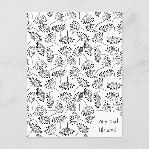 Black White Modern Floral Pattern Dandelion Thank Postcard