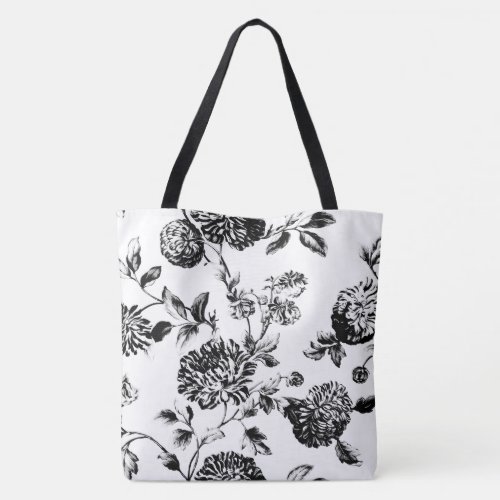 Black  White Modern Floral Toile Tote Bag