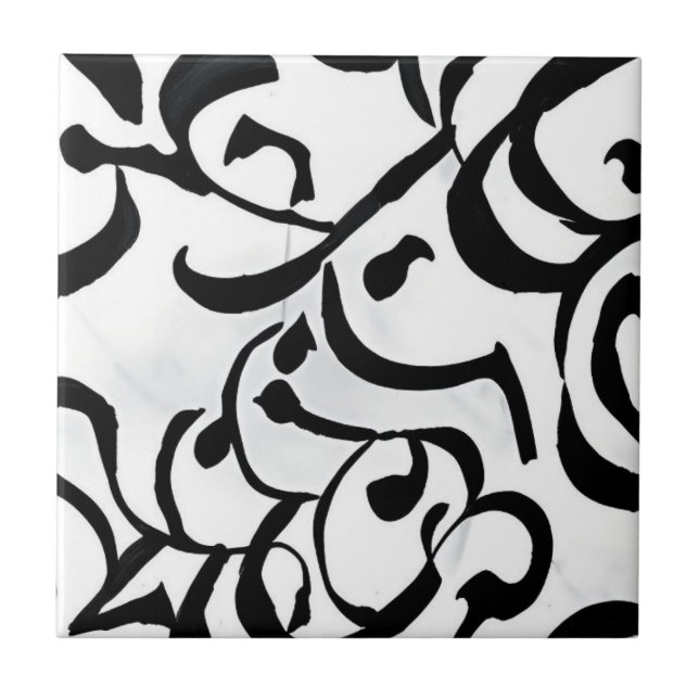 Black white modern geometric art pattern curls ceramic tile (Front)