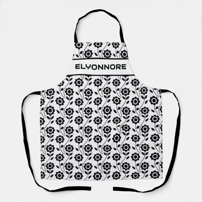 Black White Modern Geometric Flower Custom Name Apron (Front)