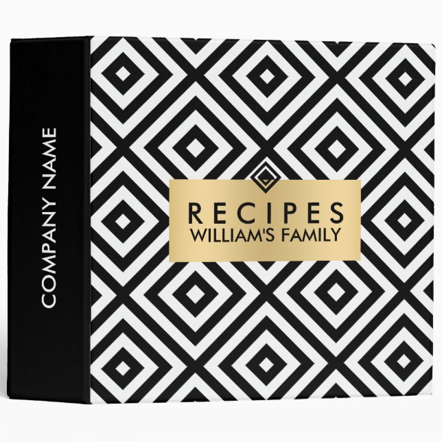 Black & White Modern Geometric Gold Accent 3 Ring Binder (Front/Spine)