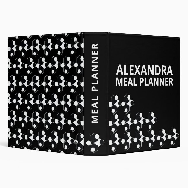 Black White Modern Geometric Name Meal Planner 3 Ring Binder (Background)