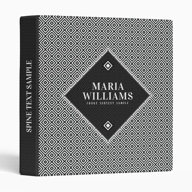Black & White Modern Geometric Pattern 3 Ring Binder (Front/Spine)