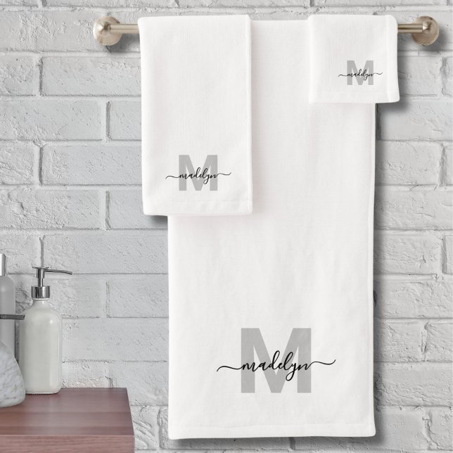 Black White Modern Girly Script Name Monogram Bath Towel Set (Black White Modern Girly Script Name Monogram Bath Towel Set)