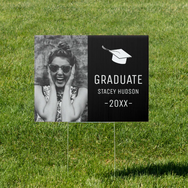 Black & White Modern Grad Photo Announcement Yard Sign | Zazzle
