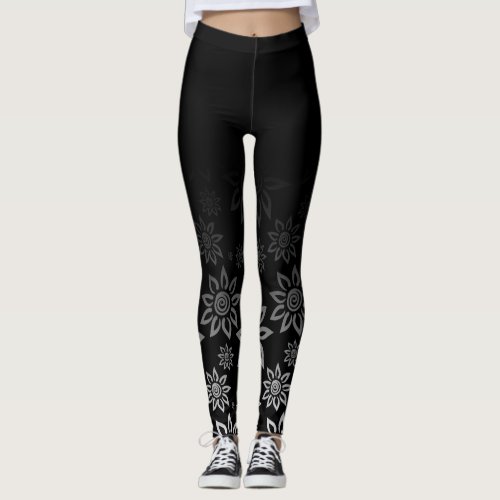 Black  White Modern Graphic Flower Pattern Leggings