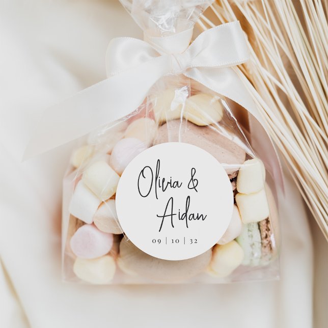 Black & White Modern Handwritten Script Wedding Classic Round Sticker (Creator Uploaded)