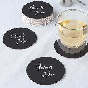 Black & White Modern Handwritten Script Wedding Round Paper Coaster