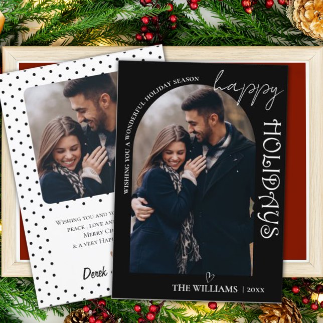 Black White Modern Happy Holidays Photo Card (Minimalist Black Multi Photo Merry Christmas Card)