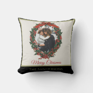 Black White Modern Holiday Photo Wreath Christmas Throw Pillow