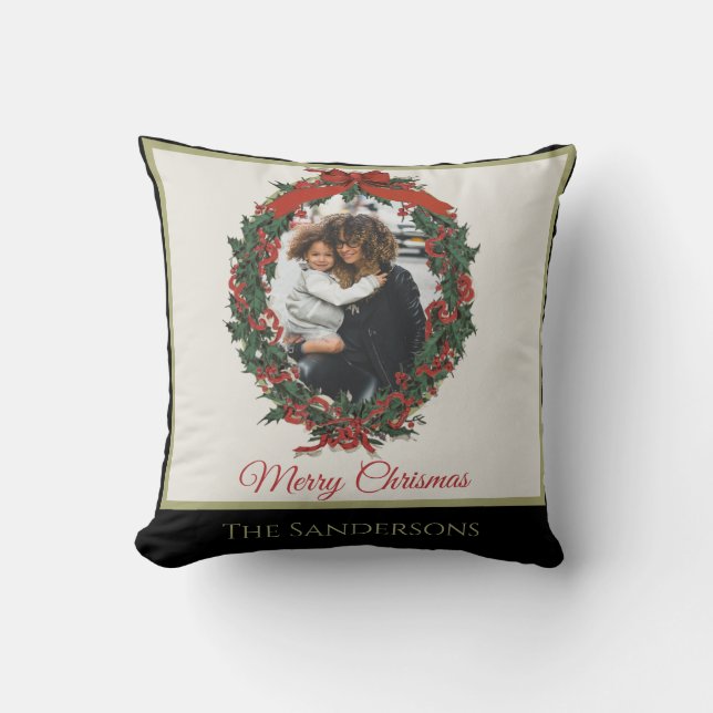 Black White Modern Holiday Photo Wreath Christmas Throw Pillow (Front)