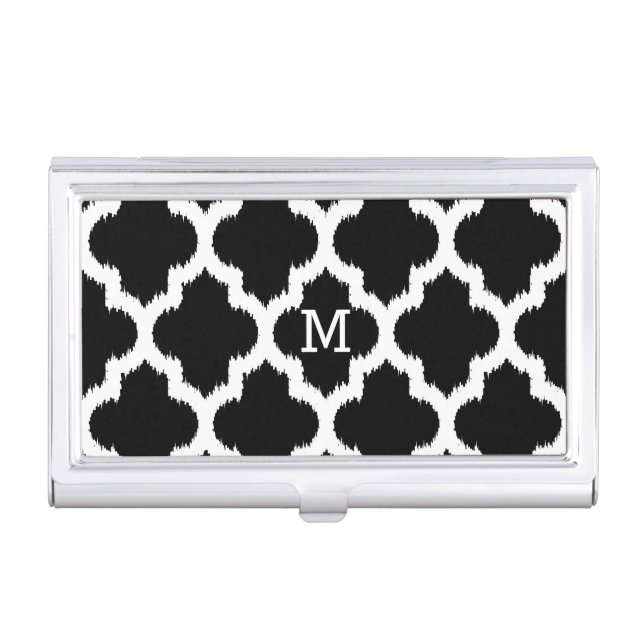 Black & White Modern Ikat Quatrefoil Pattern Case For Business Cards (Front)