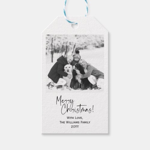 Black White Modern Merry Christmas Tree Photo Gift Tags