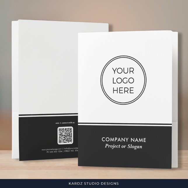 Black White Modern Minimal Business Logo Folder (Image shows front and back of folder, Customize it with logo, QR Code, and company details.)