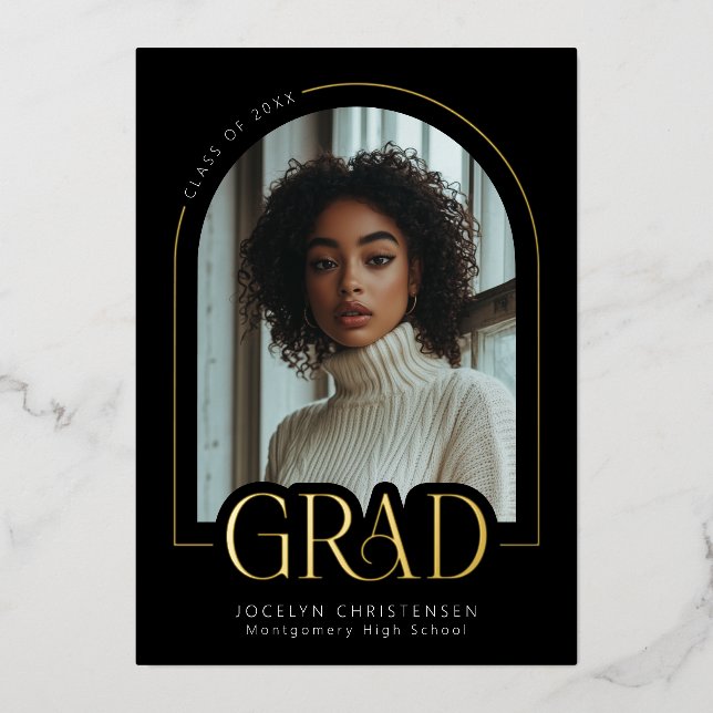 Black White Modern Minimal Grad Photo Gold Foil Foil Invitation (Front)