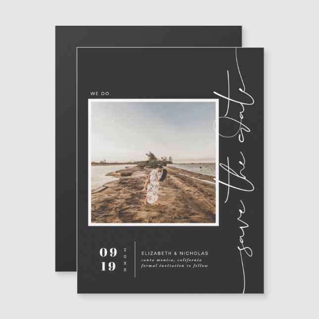 Black & White | Modern Minimal Save the Date Photo Magnetic Invitation (Front/Back)
