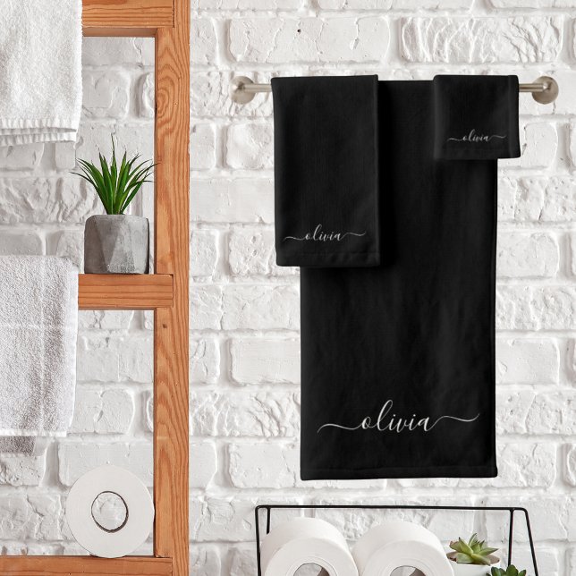 Black White Modern Minimalist Elegant Monogram Bath Towel Set (Creator Uploaded)