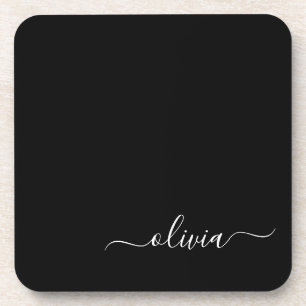 Black White Modern Minimalist Elegant Monogram Beverage Coaster