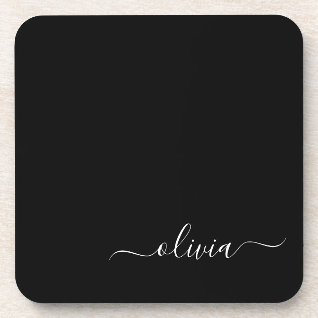 Black White Modern Minimalist Elegant Monogram Beverage Coaster (Front)