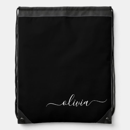 Black White Modern Minimalist Elegant Monogram Drawstring Bag