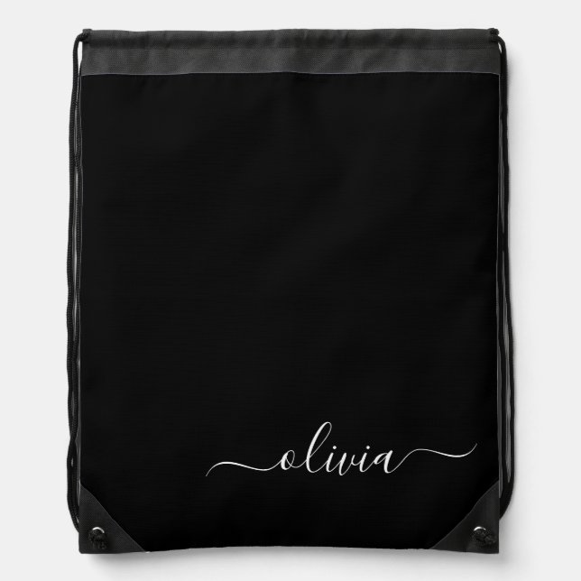 Black White Modern Minimalist Elegant Monogram Drawstring Bag (Front)