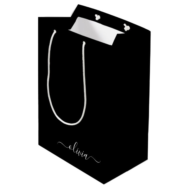 Black White Modern Minimalist Elegant Monogram Medium Gift Bag (Back Angled)