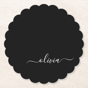 Black White Modern Minimalist Elegant Monogram Paper Coaster