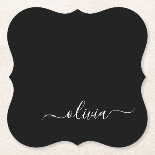 Black White Modern Minimalist Elegant Monogram Paper Coaster