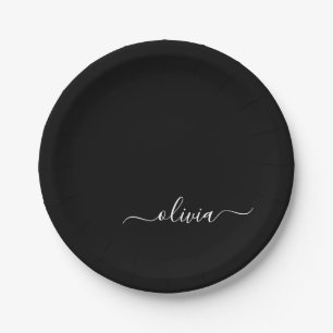 Black White Modern Minimalist Elegant Monogram Paper Plates