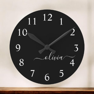 Black White Modern Minimalist Elegant Monogram Round Clock