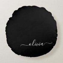 Black White Modern Minimalist Elegant Monogram Round Pillow